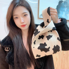 Knitted Handbag Women's Plaid Tote Bag Reusable Grocery Bag Adjustable Strap Minimalist Bag