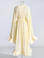Maxi Dress Women V-Neck Cloak Sleeve High Waist Ruffle Irregular Hem Elegant Casual Summer Dress
