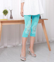 Lace Hem Capri Leggings Women Pull-On Crop 3/4 Length Stretchy Sporty Casual Fashion Pants