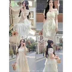 Midi Dress Women Chiffon Fairy Y2K Chic Slim Irregular Elegant Casual Party Summer Fashion Dress