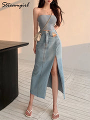 Long Jean Skirt Denim Vintage Maxi Skirt Side Split Denim Skirt