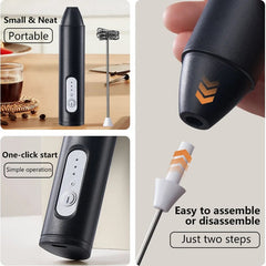 Black handheld device with assembly instructions on a neutral background