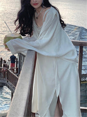Long Sleeve Sun Protection Shirt Dress Women Loose Thin Cardigan Elegant Beach Vacation Summer