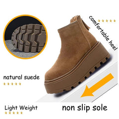 Brown ankle boot with features highlighted on a white background