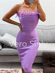 Midi Dress Women Strapless Backless Feather Bodycon Bandage Chic Party Clubwear Fashion Dress