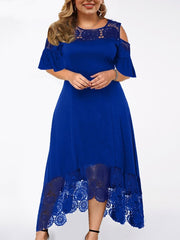 Plus Size Cold Shoulder Dress Women Lace Patchwork Short Sleeve Elegant Cocktail Asymmetric Hem
