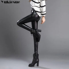 Faux Leather Pants Women High Stretch Shiny Slim Pencil Vegan Leather Trousers Casual Fashion