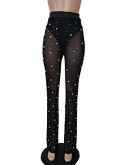 High Waist Mesh Beaded Tulle Flare Leggings Women Sheer Elastic Casual Party Fashion Trousers