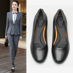 Work Pumps Women Black Leather Round Toe Thick Heel Soft Sole Professional Non-Slip Office Shoes
