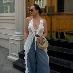Camisole Top Women Sheer Mesh Spaghetti Strap White Ruffle Fringe Halter Y2K Fairy Core Fashion