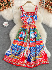 Midi Dress Women Elegant Sleeveless Slash Neck Print A-Line Casual Summer Party Dress