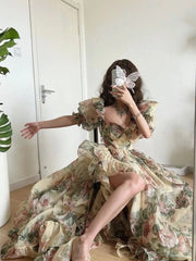 Maxi Dress Women Floral Print Puff Sleeve Elegant Princess French Vintage Long Evening Party Summer