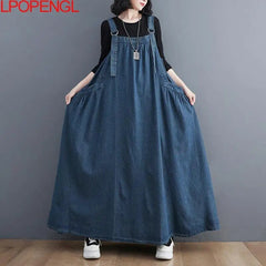 Denim Maxi Dress Women Spaghetti Strap Loose Oversized Ankle-Length Elegant Spring Autumn Fashion