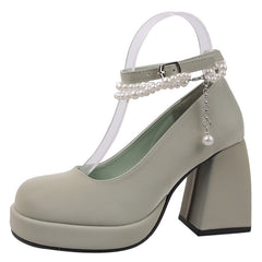Platform Pumps Women Vintage Chunky High Heel Pearl Chain Ankle Strap Elegant Fashion Shoes