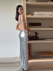 Maxi Dress Women Backless Sequin Glitter Bodycon Shiny Sleeveless Cut Out Elegant Evening Party Prom