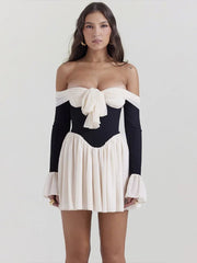 Mini Dress Women Elegant Strapless Backless Off-Shoulder Long Flare Sleeve Pleated Clubwear Party Dress