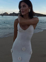 Maxi Dress Women Elegant 3D Flower Sling Deep V-Neck Sleeveless Chic Spring Summer Party Dress