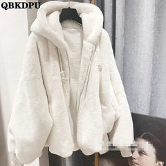 Faux Fur Hooded Coat Women White Warm Plush Winter Casual Elegant Outerwear Fashion