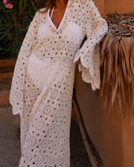 Crochet Midi Dress Women V-Neck Hollowed Out Flare Sleeve Loose Sheer Party Beach Vacation Dress