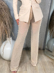 High Waist Mesh Beaded Tulle Flare Leggings Women Sheer Elastic Casual Party Fashion Trousers