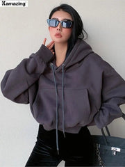 Hoodie Women Solid Fleece Long Sleeve Cropped Oversized Comfy Streetwear Pullover Casual Fashion