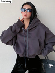 Women's Solid Fleece Hoodie Long Sleeve Cropped Oversized Hoodie Comfy Fleece Hoodie Streetwear Pullover