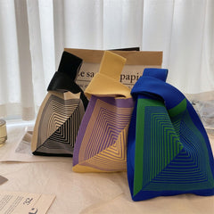 Knitted Handbag Women's Plaid Tote Bag Reusable Grocery Bag Adjustable Strap Minimalist Bag