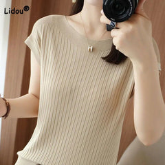 T-Shirt Women Solid Color Rib Knit Loose Short Sleeve Casual Spring Summer Everyday Top