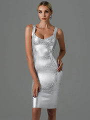 Midi Dress Women Metallic Sleeveless Backless Gold Silver Bodycon Bandage Elegant Evening Wedding Party