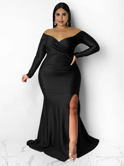 Plus Size Maxi Dress Women Off-Shoulder V-Neck Split Hem Elegant Wedding Party Prom Fashion