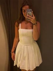 Mini Dress Women Elegant Solid Slim Sleeveless Backless A-Line Pleated Hem Party Dress