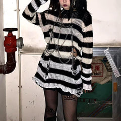 Gothic Punk Sweater Dress Women Striped Distressed Holes Aesthetic Casual Fashion Jumper