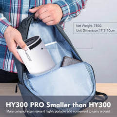 Person holding a projector with black lid inside a blue backpack, with text about product dimensions and weight.