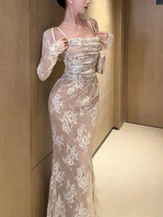 Maxi Dress Women Bodycon Lace Spaghetti Strap Mermaid Evening Gown Wedding Party Prom Dress