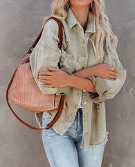 Oversized Ripped Fringe Denim Jacket Women Button Down Soft Lightweight Casual Spring Fall Fashion