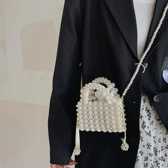 Crossbody Bag Women Retro Pearl Mini Hand Woven Beaded Versatile Shoulder Handbag Purse