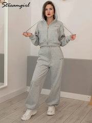 Brown Fleece Sweatsuit Set Women 2 Piece Crop Zip Hoodie Wide Leg Sweatpants Autumn Winter Loungewear