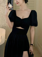 Maxi Dress Women French Vintage Black Elegant Hollow Out Short Sleeve Open Fork Party Long Dress