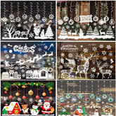 Collage of Christmas-themed window decals with various designs including reindeer, snowflakes, and festive text.