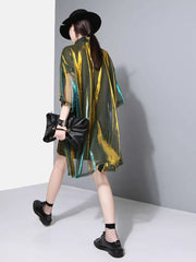 Blouse Women Green Shiny Lapel Three-Quarter Sleeve Loose Fit Long Shirt Casual Spring Summer Fashion