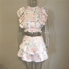 Floral Patchwork Crop Top & Ruffle Shorts Set Women 2-Piece Casual Summer Beach Vacation Fashion