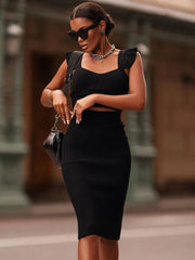 Skirt Set Women 2-Piece Bandage Bodycon Hot Pink Red Skirt Top Elegant Club Party Fashion Suit