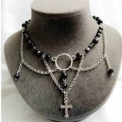 Black Angel Fairy Core Cross Charm Necklace Women Crystal Onyx Choker Fashion Jewelry Gift
