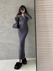Long Sleeve Knit Slim Maxi Dress Women Collar Elegant Casual Party Winter Fashion Dress