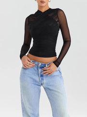 Shirt Women Sheer Mesh Long Sleeve V-Neck Zipper Layered Chiffon Skinny Fit Club Party Spring Autumn