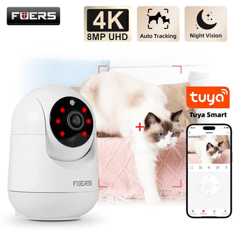 Pet camera with 4K resolution, auto tracking, night vision, and Tuya Smart app on a white background.