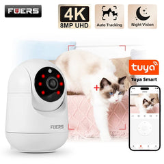 Pet camera with 4K resolution, auto tracking, night vision, and Tuya Smart app on a white background.