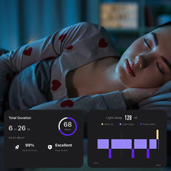 Person lying down with sleep tracking interface overlay showing total duration and sleep quality.
