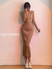Long Sleeve Fishtail Maxi Dress Women Slim Button Elegant Casual Party Winter Fashion