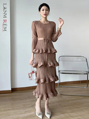 Midi Dress Women Long Pleated 4-Layer Round Neck Solid Ruffle Cake Belt Elegant Cocktail Wedding